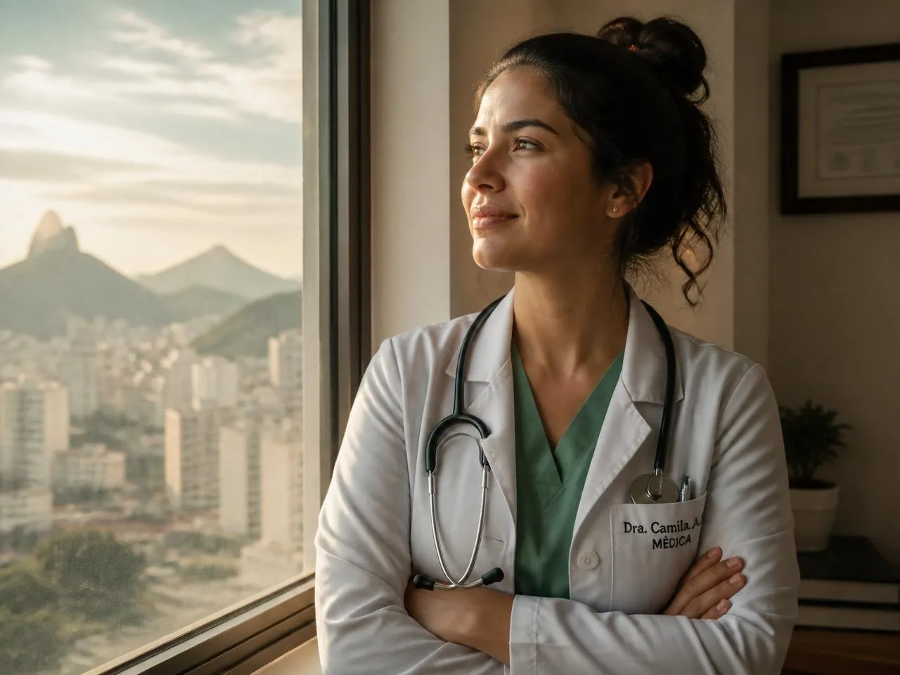 Médica brasileira olhando pela janela, pensando em revalidar o diploma no exterior